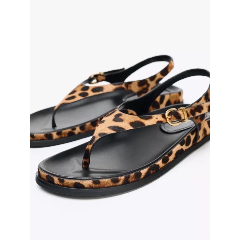 Zara Leopard Print Black Footbed Slingback Sandals Gold Buckle Thong Flat